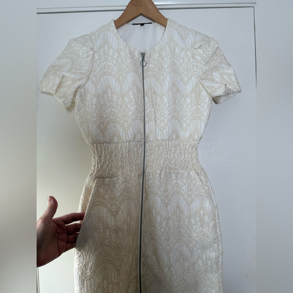 Maje Roxa Jacquard Mini Dress Zip Front Short Sleeve Gathered Waist Ecru Medium - Picture 8 of 16